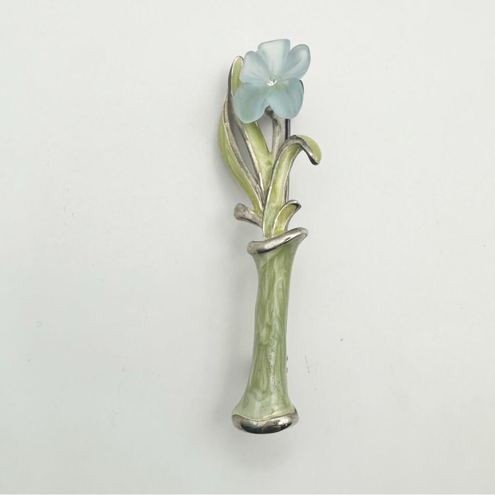 LIA Liana Single Flower Pin Blue Green Silver Tone Vase Brooch Vintage Retro